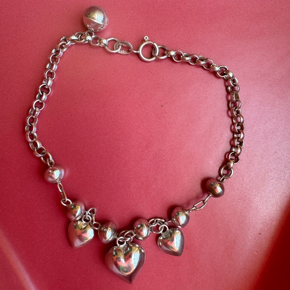 Sterling Silver Puffy Hearts and Bell Bracelet